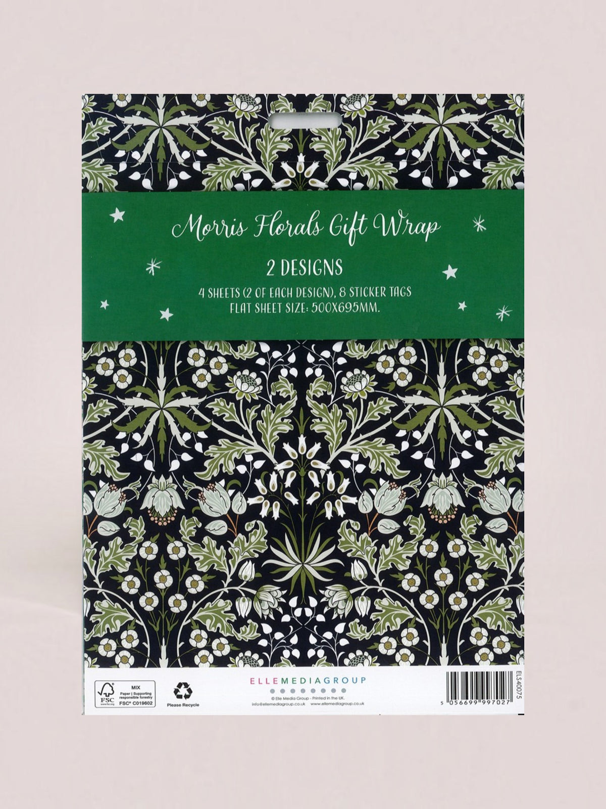 A package of Morris Florals Gift Wrap featuring a black background with white and green botanical pattern, a green band across the top reading 'Morris Florals Gift Wrap 2 DESIGNS,' and a white bottom strip with product details and a barcode.