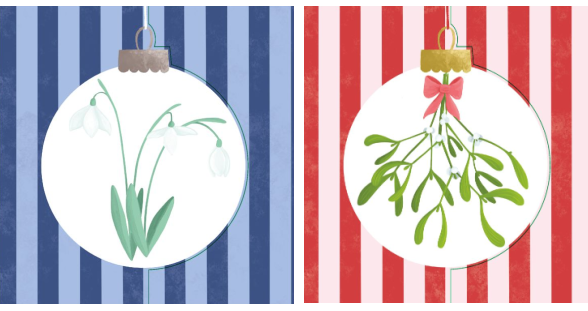 Mistletoe Bauble & Snowdrop Bauble Circular Cut Out 10 Twin pack Charity Christmas Cards