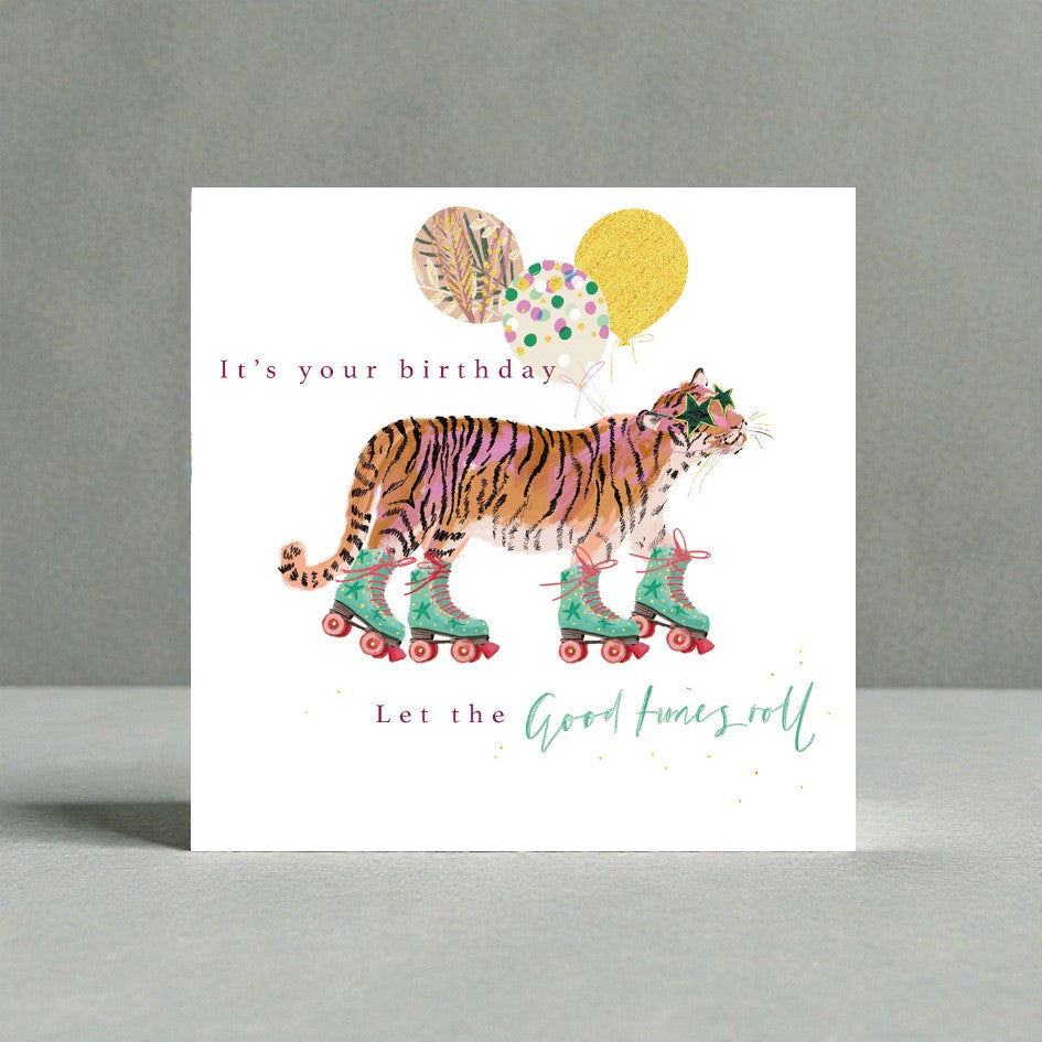 Tiger Roller Blade Party Comedy Happy Birthday Charity Greeting Card