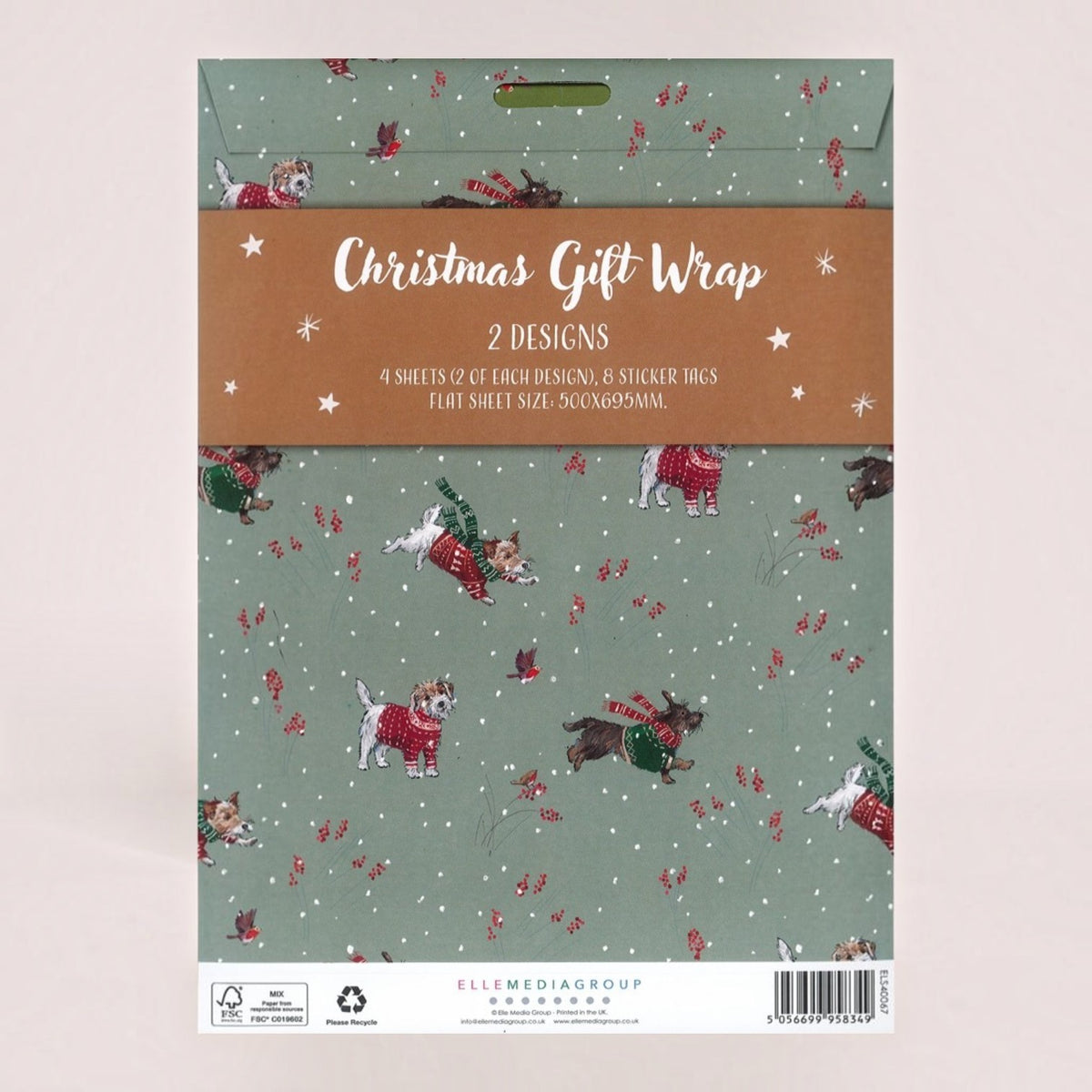 A package of Ellemagroup Christmas Gift Wrap featuring a sage green background with a pattern of dogs in red sweaters, holiday hats, and red berries, along with a brown paper header card.