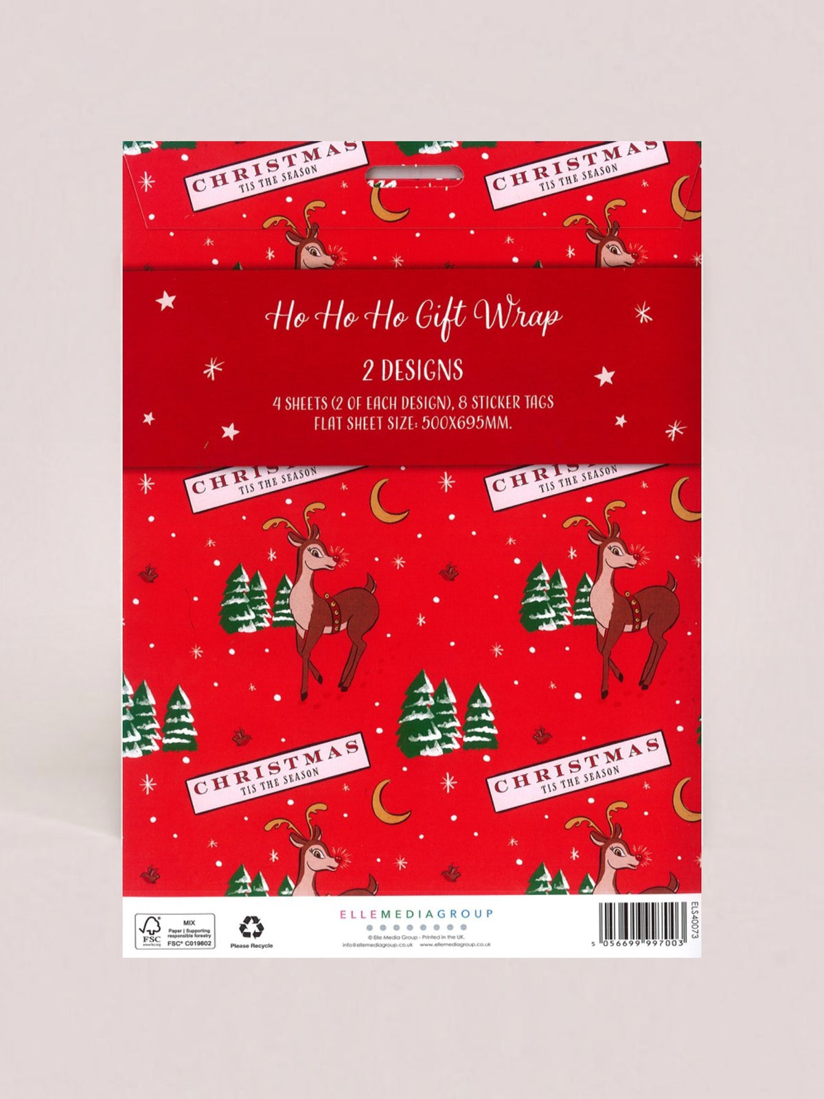 Christmas gift wrap packaging showing two red wrapping paper designs with reindeer, trees, stars, and banners reading Christmas Gift Wrap. Text on the front says 2 designs, 9 sheets of each design, and 8 sticker hems.