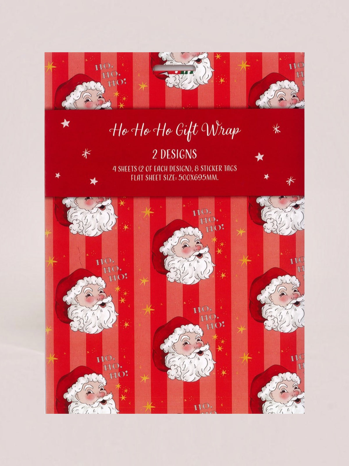 A package of Christmas gift wrap featuring a red and pink striped pattern with Santa Claus faces and the text 'He Ho Ho Gift Wrap' on a red banner across the top.