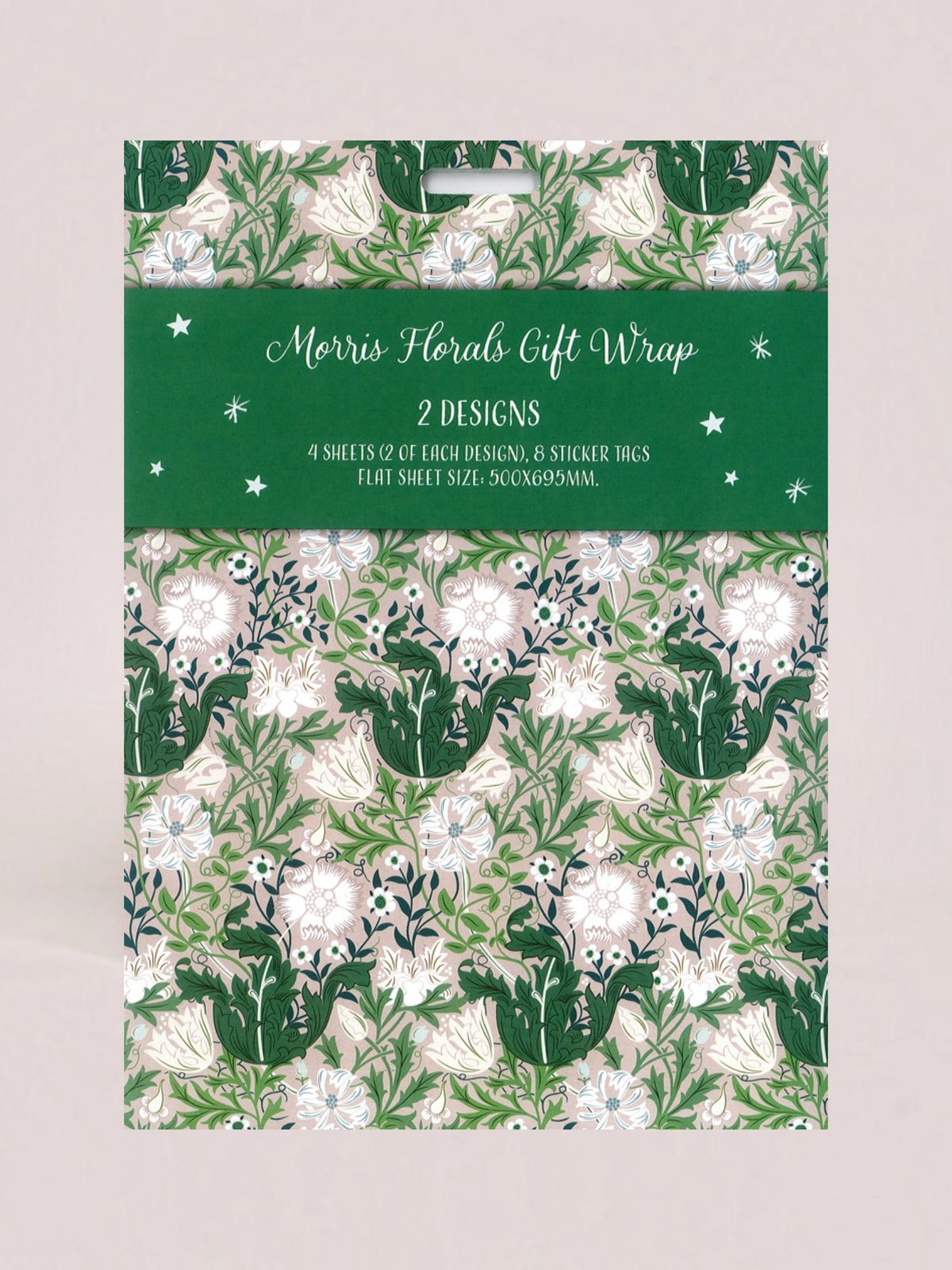 A package of Morris Florals Gift Wrap showing two floral designs: a dark green top section with white script text and a lower section displaying the detailed floral pattern in green, cream, and white.