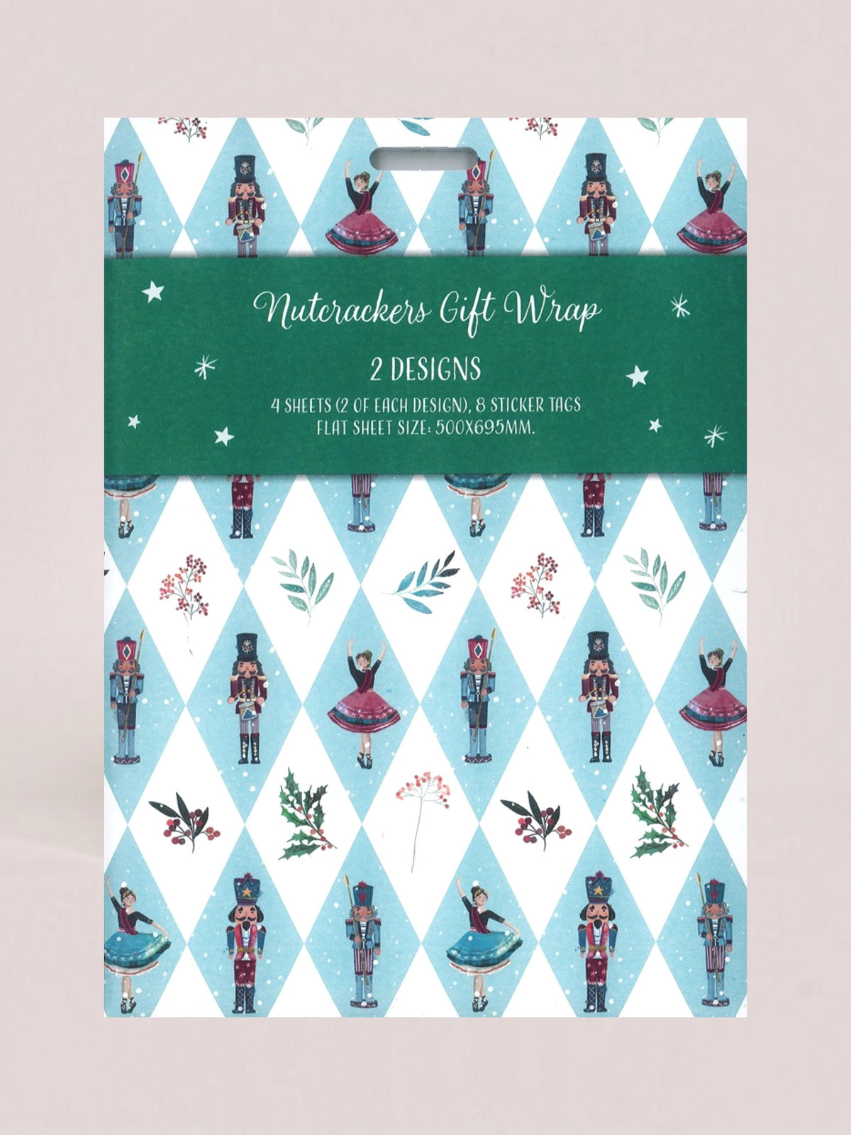 A packaged holiday gift wrap set labeled 'Nutackers Gift Wrap' with two designs. The visible wrap pattern shows a light blue and white harlequin diamond design with nutcracker figures, ballerinas, birds, and small floral motifs.