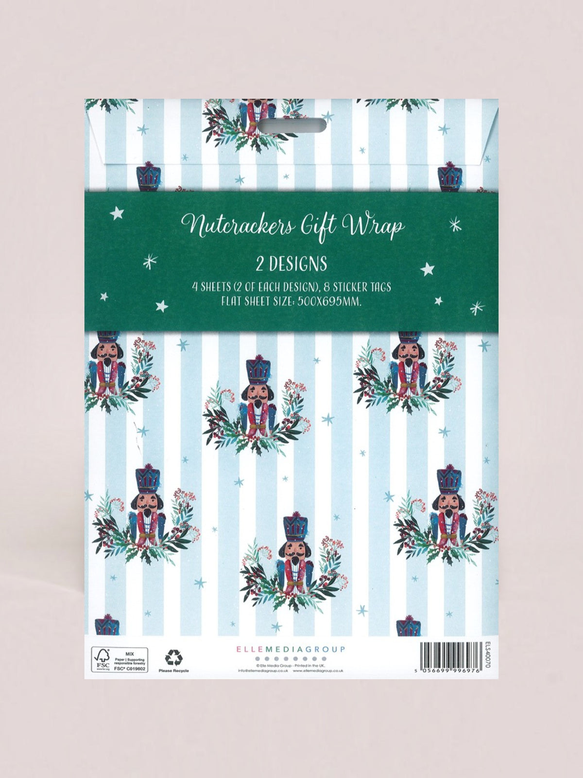 A package of Ellemmedagroup Nutcrackers Gift Wrap featuring two designs of nutcracker illustrations on a light blue and white striped background with a dark green header card.