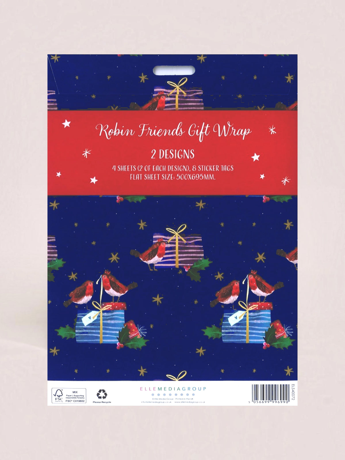 A packaged gift wrap design sheet set labeled 'Robin Friends Gift Wrap' with two holiday patterns on a dark blue background, featuring wrapped presents, birds, stars, and red banners. The package is photographed against a light neutral background.