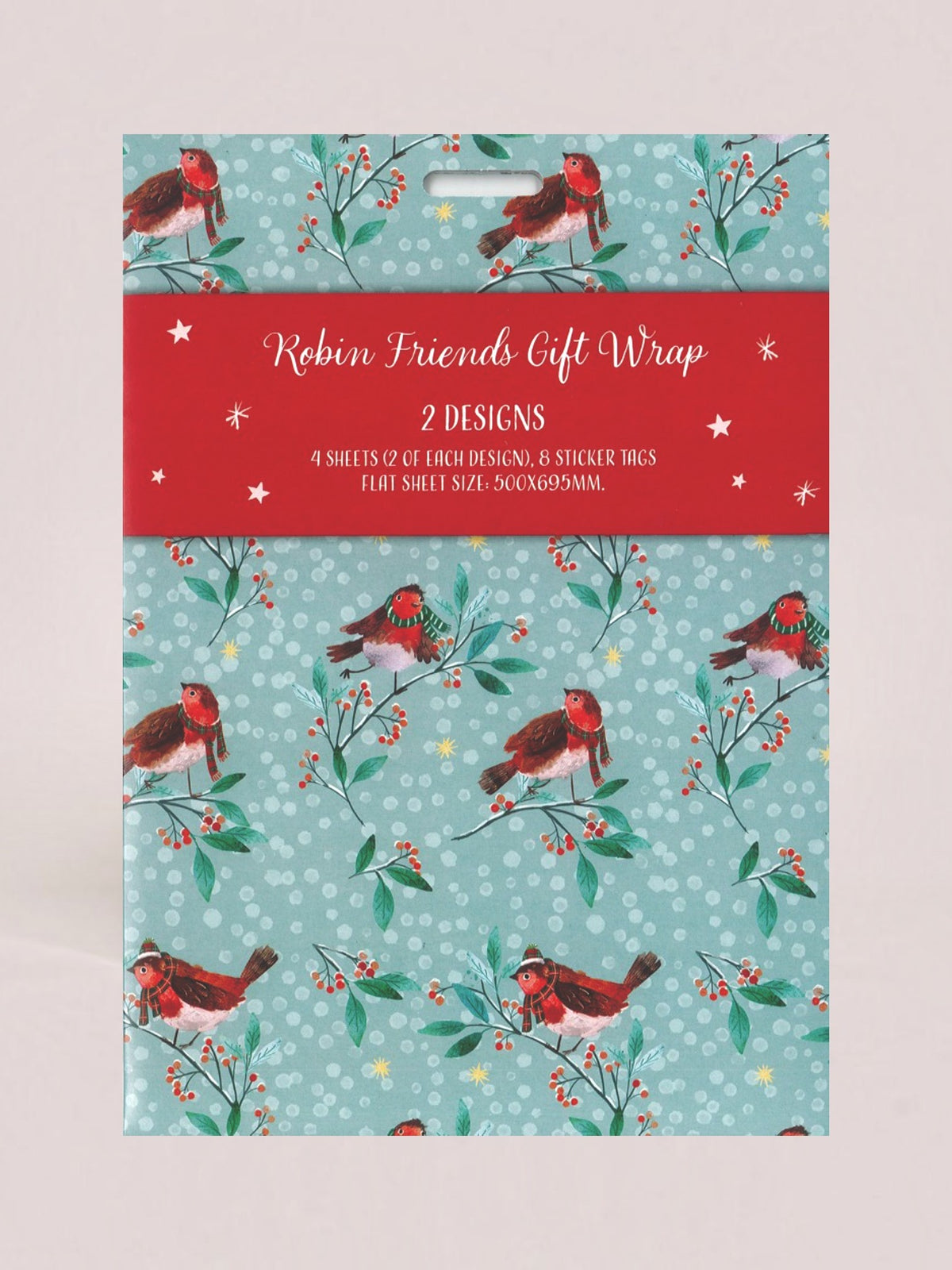 A gift wrap package labeled 'Robin Friends Gift Wrap' with a red header card. The visible wrap design shows robin birds perched on leafy branches with red berries on a pale aqua background with small white dots.