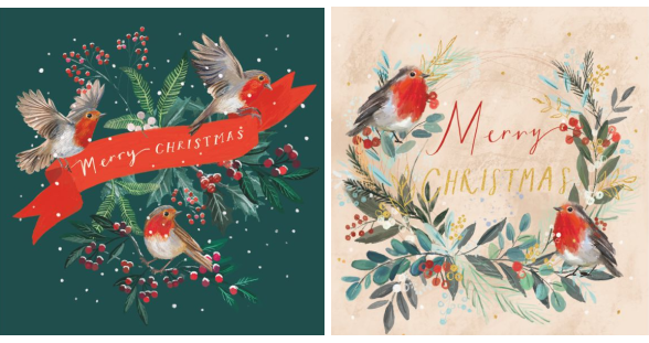 Red Robin & Robin Wreath 10 twinpack Charity Christmas Cards