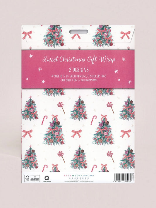 A packaged sheet of Christmas gift wrap with a pink header card reading 'Sweet Christmas Gift Wrap' and '2 DESIGNS.' The wrap pattern shows teal Christmas trees, pink bows, candy canes, and small white stars on a white background.